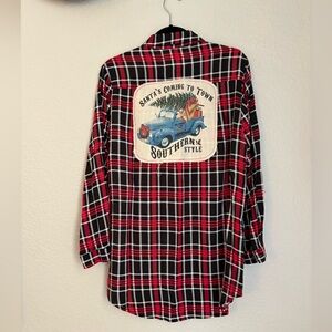 Boho Jane Boutique Christmas Plaid Oversized Button Up Southern Style Santa